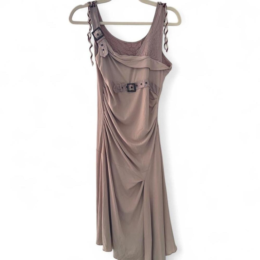 Euro Vintage Ericot Chic Asymmetrical Hem Buckle Midi Dress